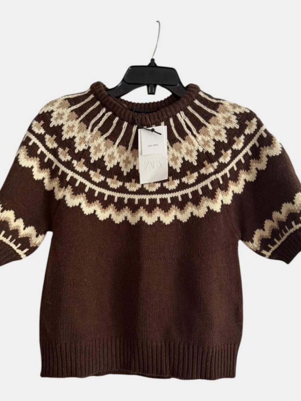 ZARA SHORT SLEEVE JACQUARD KNIT JUMPER BROWN ECRU FAIR ISLE SWEATER NWT SIZE M - Picture 6 of 6